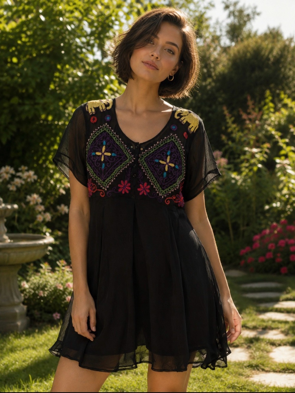 Jasmine Black Embroidered Tunic Dress with Purple and Gold Accents